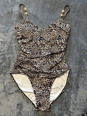 NWOT Betsey Johnson Brown Leopard-Print 1 pc Beaded Swimsuit w/match sarong SZ S